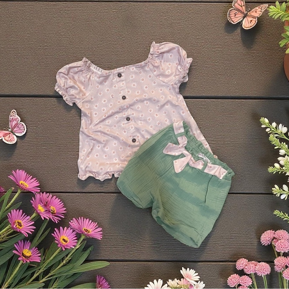 Baby Girl Floral Top and Green Shorts Set